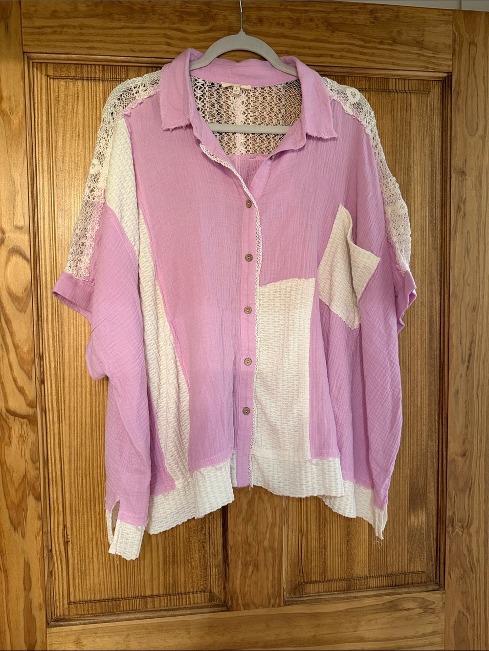 easel Pink and Cream Lace-Trim Button-Down Top